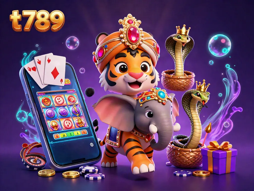 Win big at t 789 with a wild tiger maharaja, colorful slot games, and rich casino elements.