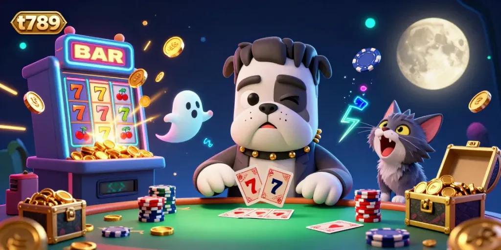 Experience thrilling gameplay at t789 with a dynamic illustration featuring hilarious casino characters and winning elements.