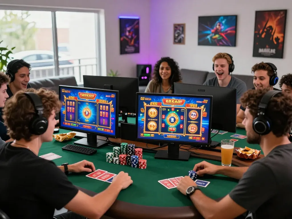Excited friends engaging with the latest link gacor slots in a vibrant gaming setup.