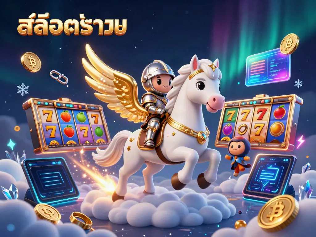 Experience the excitement of สล็อตทดลอง with vibrant slot reels and a celestial knight in a magical scene.