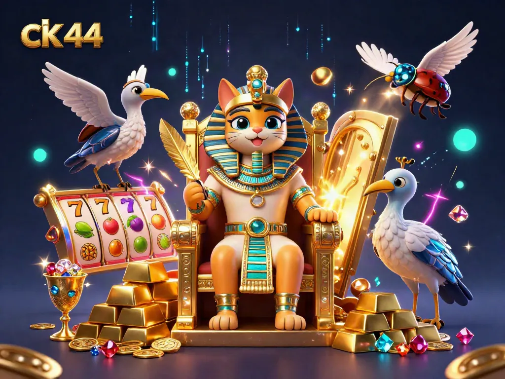 Experience ck 44's dazzling 3D casino scene featuring vibrant slots and treasures.