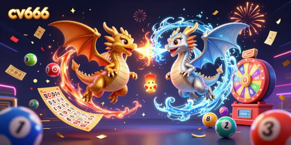 Experience the thrill of cv666 gaming with dynamic dragons and vibrant lottery elements.