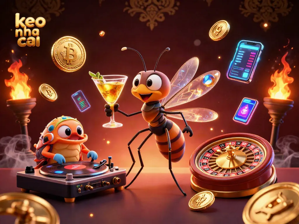 Bet on keo nha cai with animated casino characters and vibrant cryptocurrency elements.
