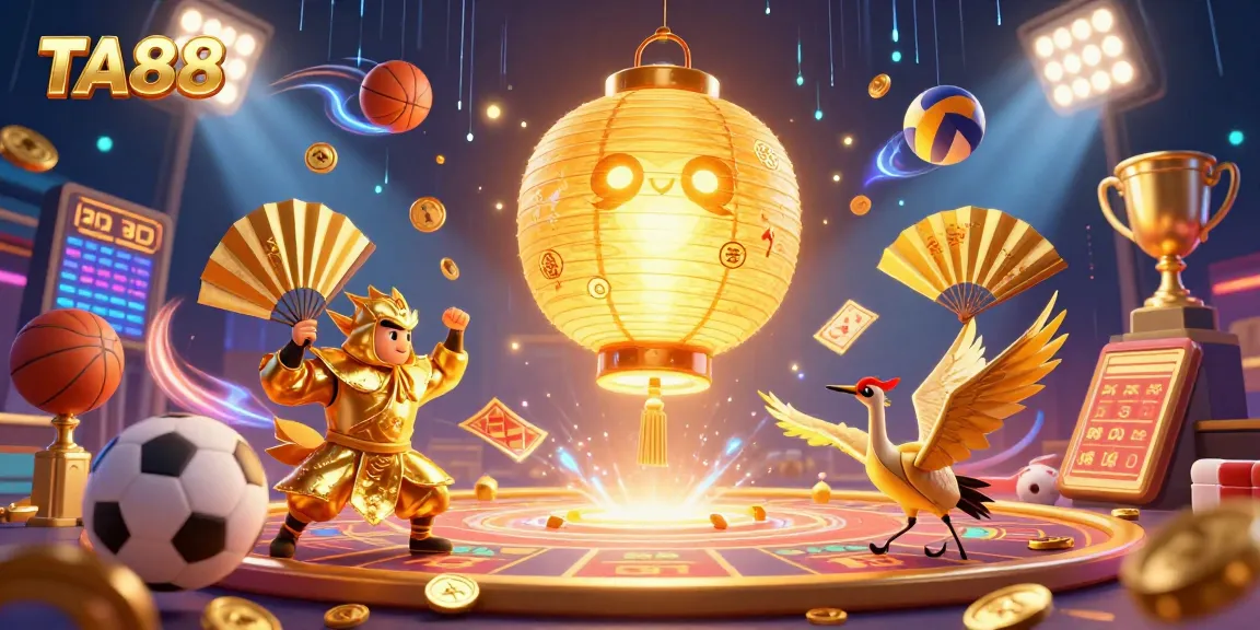 Experience exciting casino action with TA88 as a glowing lantern spirit leads paper fan warriors amidst dynamic sports elements.