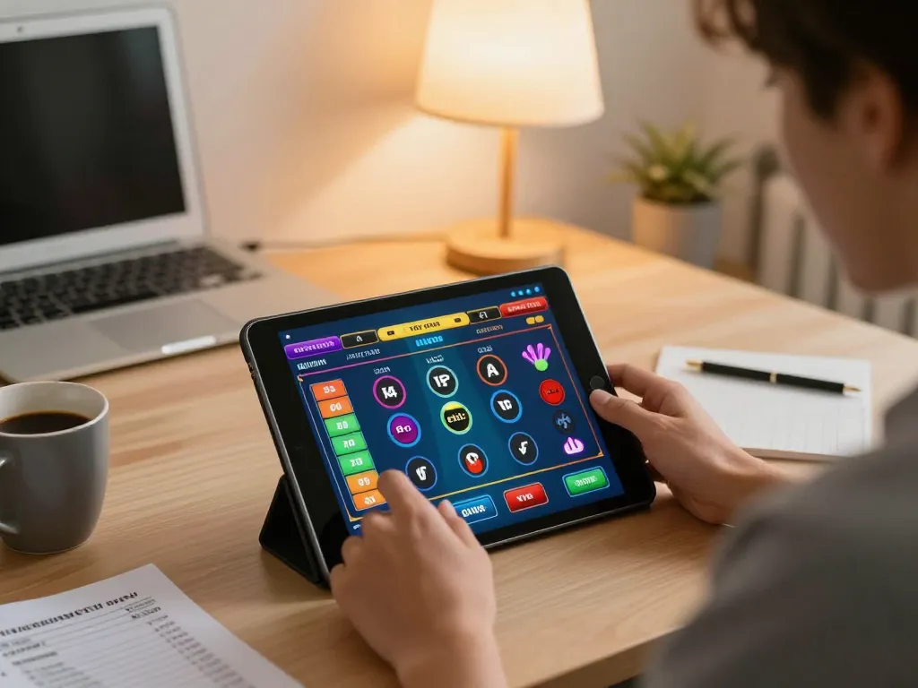 open88 player enjoying a live dealer game on a tablet at home, showcasing strategic online gambling.