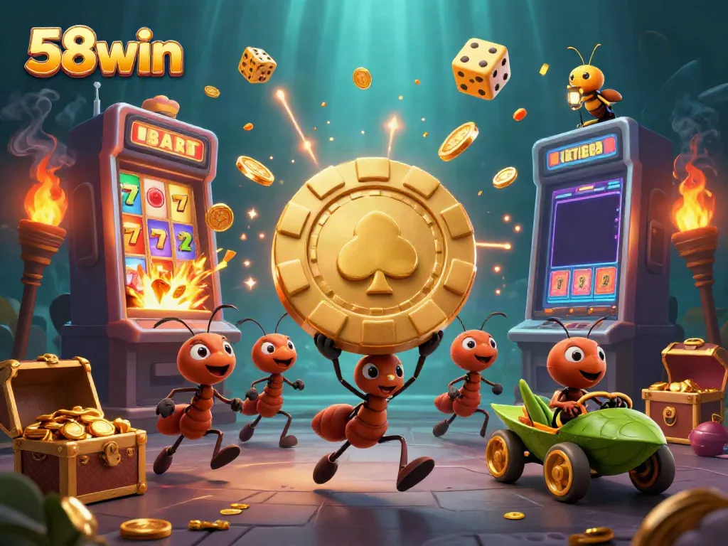 Experience thrilling wins at 58win with a cartoon heist scene featuring ants and a slot machine.