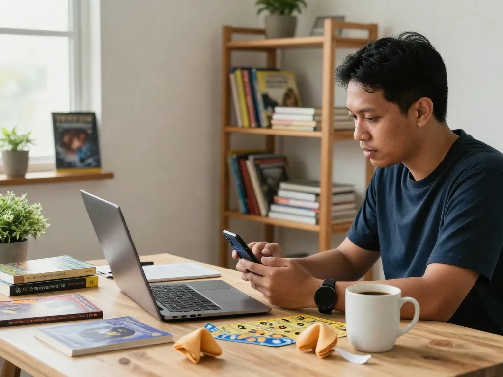 Ruang kerja profesional dengan fokus pada bukumimpi138, pria Indonesia membaca buku dan menggunakan laptop.