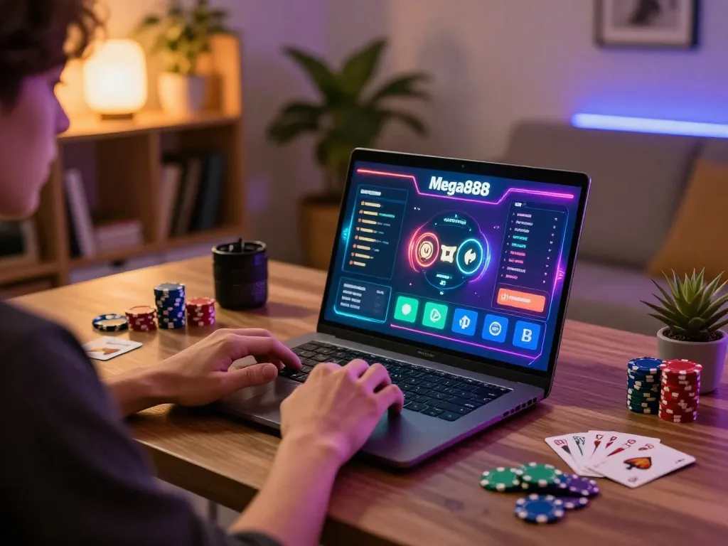 Engaging in Mega888 gameplay with free credit at a modern home office.