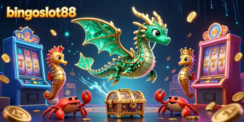 Bingolslot88: gambar ilustrasi 3D dekoratif dengan naga laut dan peti harta karun, penuh elemen slot yang menarik.