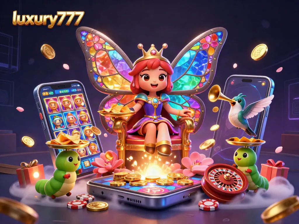 Experience ancient magic at luxury777 with a vibrant 3D scene of winning slots and casino treasures.