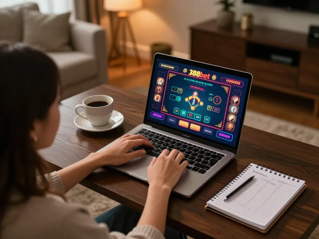 A player engaging in online gaming on 388bet's platform, highlighting strategic betting and home comfort.