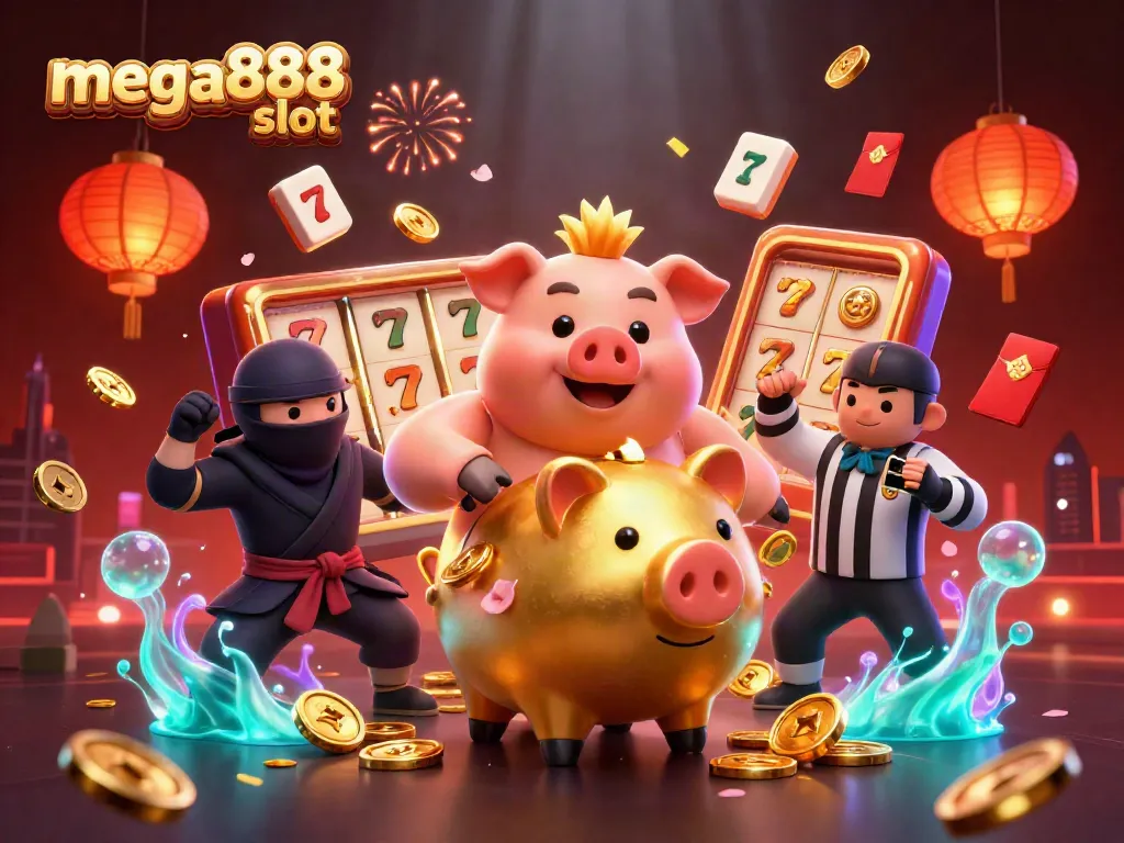 Experience thrilling action with mega888 slot's dynamic characters surrounded by festive elements.