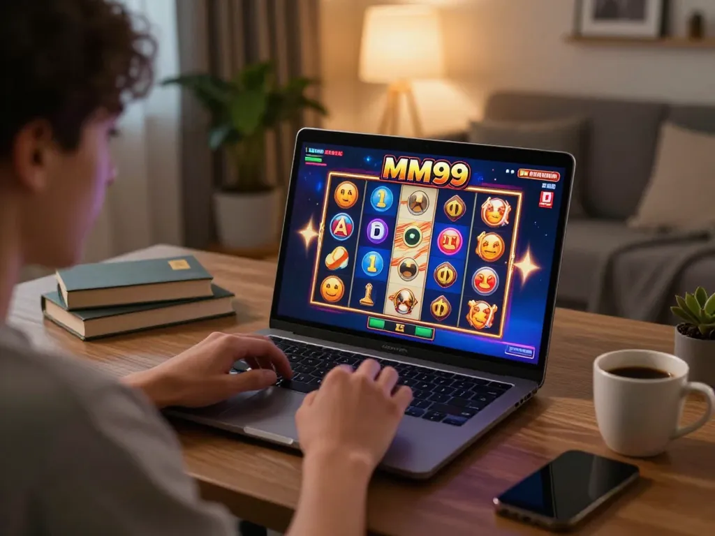 Engaging in MM99 Slot gameplay with exciting wins in a cozy home setting.