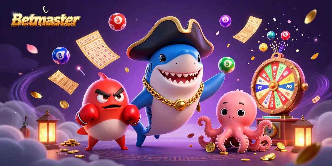 Engage with Betmaster's exciting world of online gaming featuring colorful lottery elements and cartoon characters.