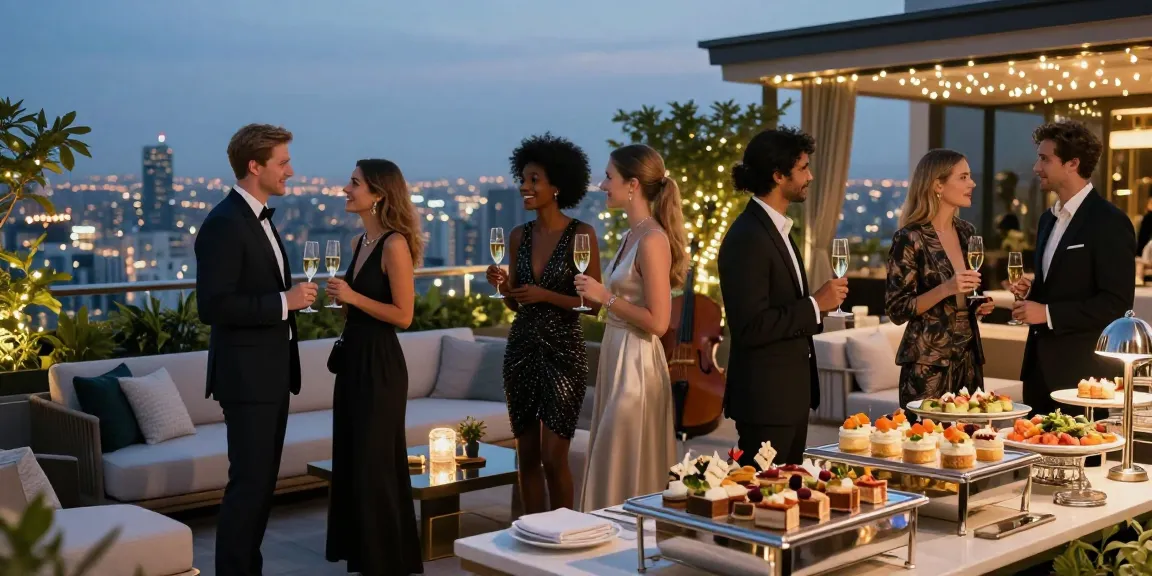 Acara pesta mewah luxury111 di rooftop dengan pemandangan kota, menghadirkan suasana elegan dan ramah.