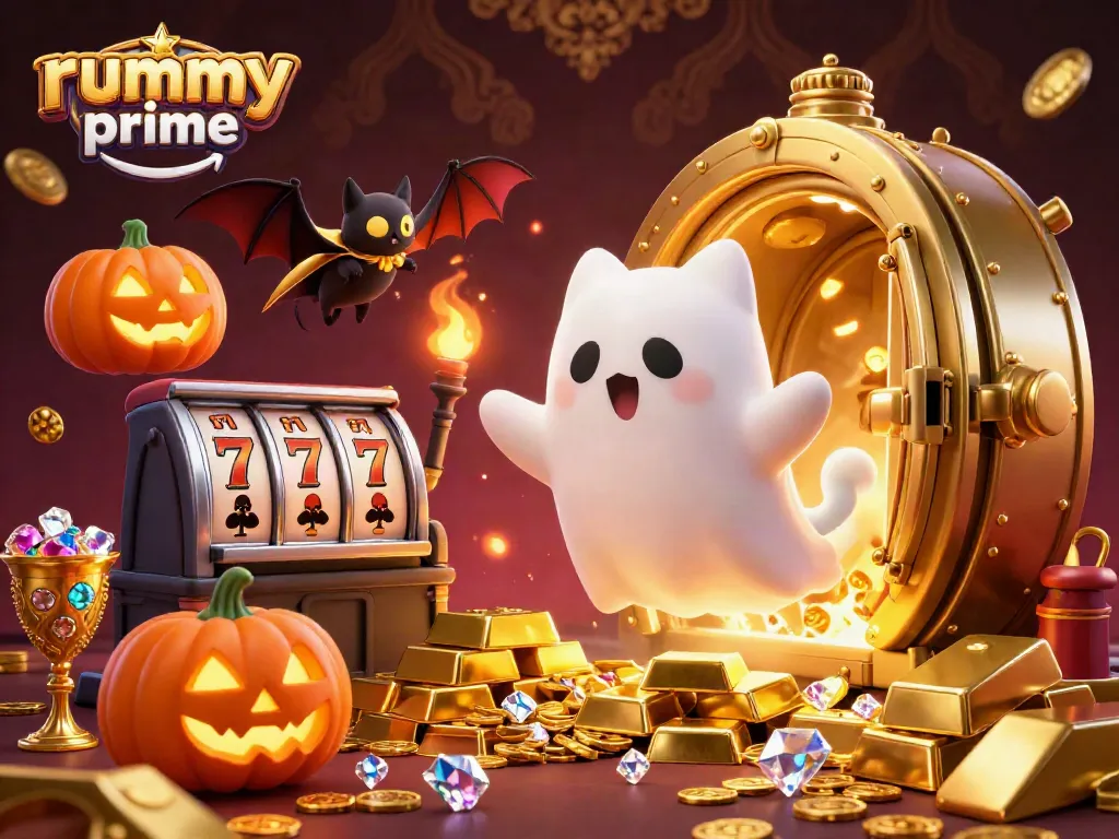 Experience rummy prime's enchanting casino ambiance with a playful ghost cat, vampire bat, golden treasures, and glowing elements.