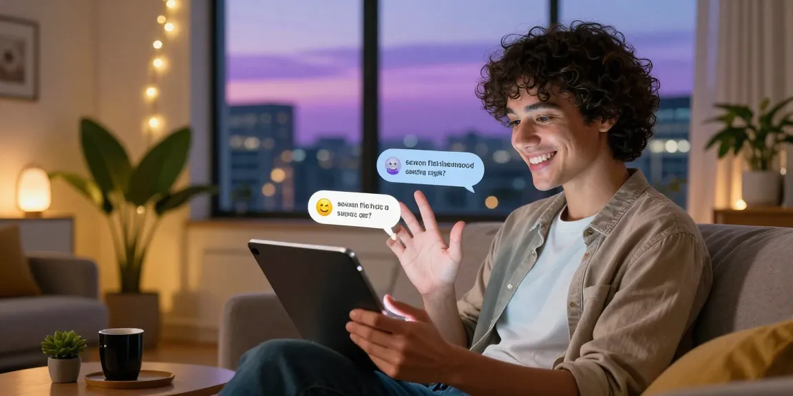 Engaging with sexting ai on a tablet in a cozy living room.