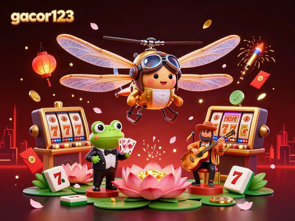 Join the lively atmosphere at gacor123 with a dragonfly pilot and frog croupier amidst vivid casino excitement.