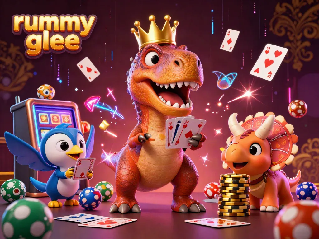 Pemain rummy glee menikmati permainan dengan karakter unik di dalam suasana yang penuh warna dan energi.