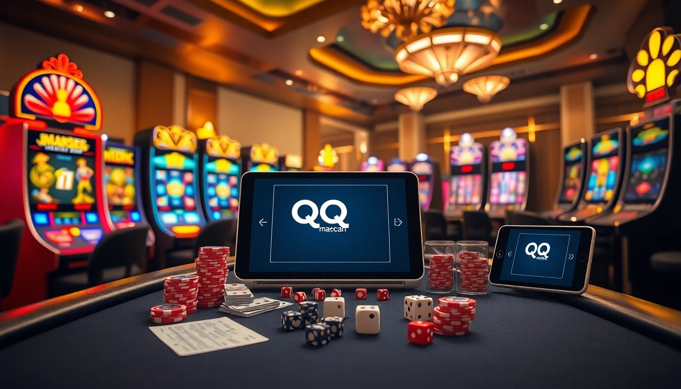 Experience the excitement of qqmacan slot with vibrant gaming visuals and professional casino elements.