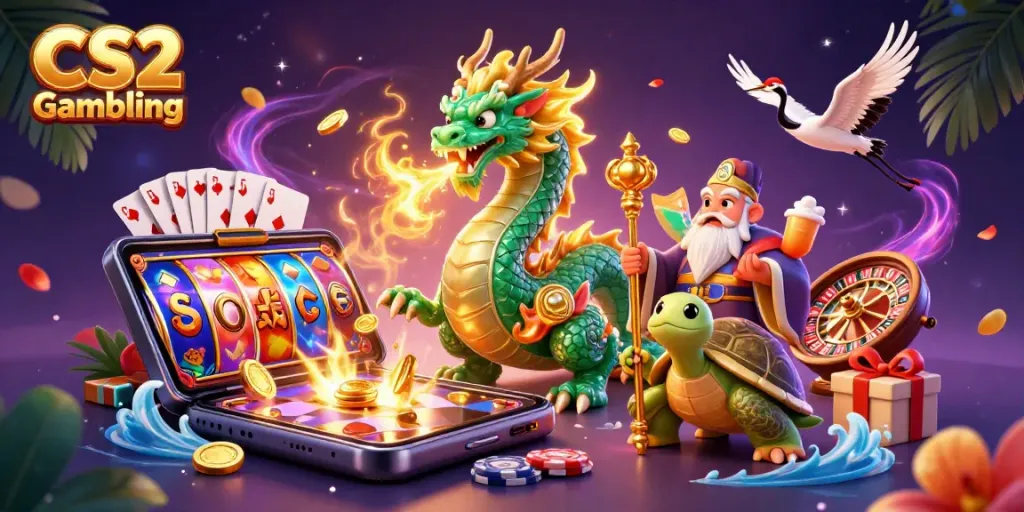 Engaging scene showing CS2 Gambling theme with dragon, turtle sage, and slot elements.