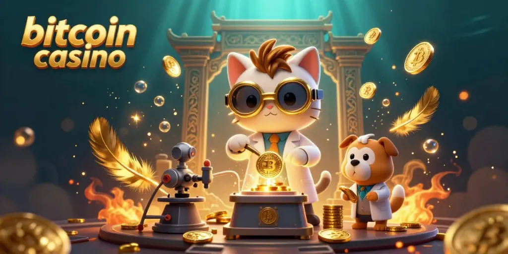 Engage with a vibrant bitcoin casino scene featuring a mad scientist cat and assistant amidst gold coins and blockchain elements.