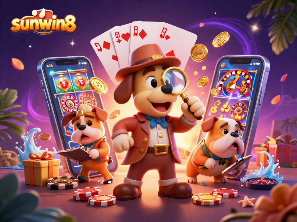 Engage in thrilling gaming adventures with sunwin8, featuring cartoon detective exploring clues and casino elements.