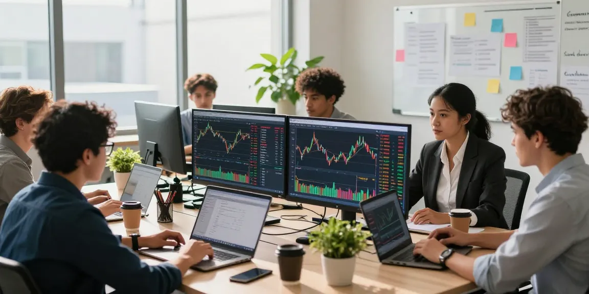 Kakakjudi di sebuah kantor modern dengan kelompok trader menganalisis grafik keuangan secara dinamis.