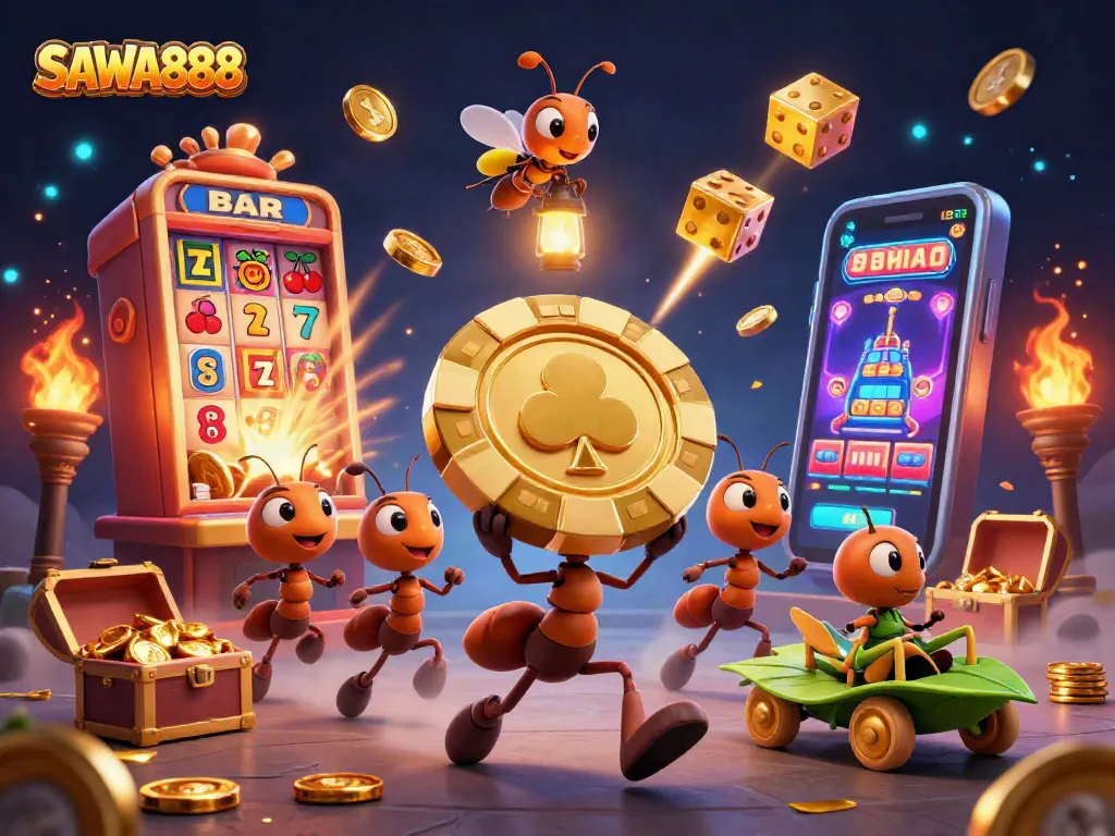 SAWA888 - A team of cartoon ants executing a heist in a vibrant casino scene.