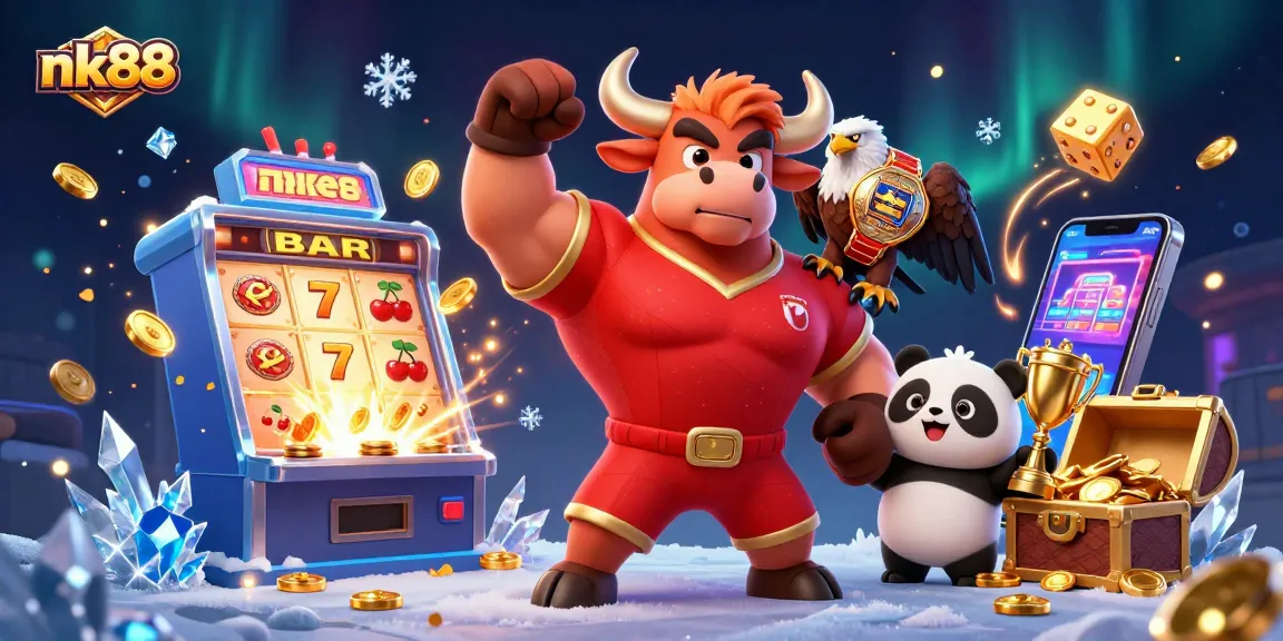 Experience the thrill of nk88 with a lively 3D casino scene showcasing winning moments and dynamic gameplay.