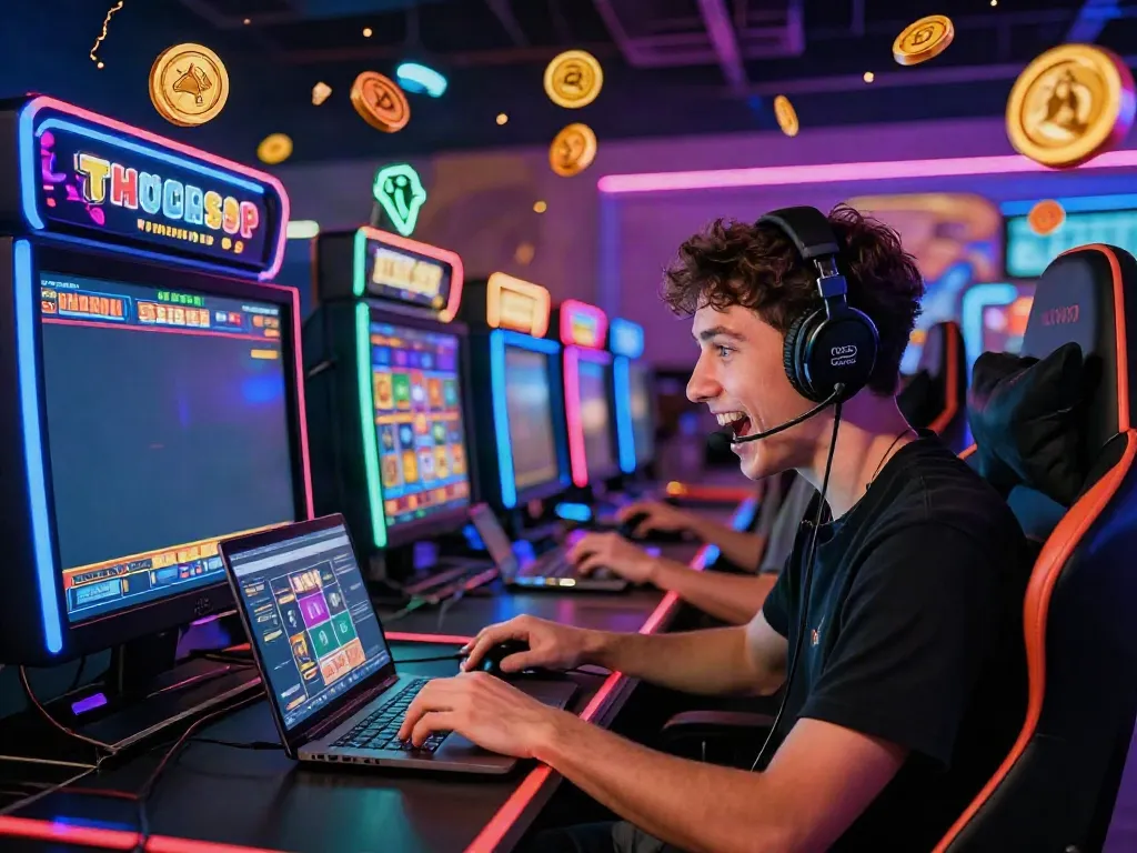 Player immersed in akunjp slot game with vibrant graphics and gaming accessories, showcasing excitement.