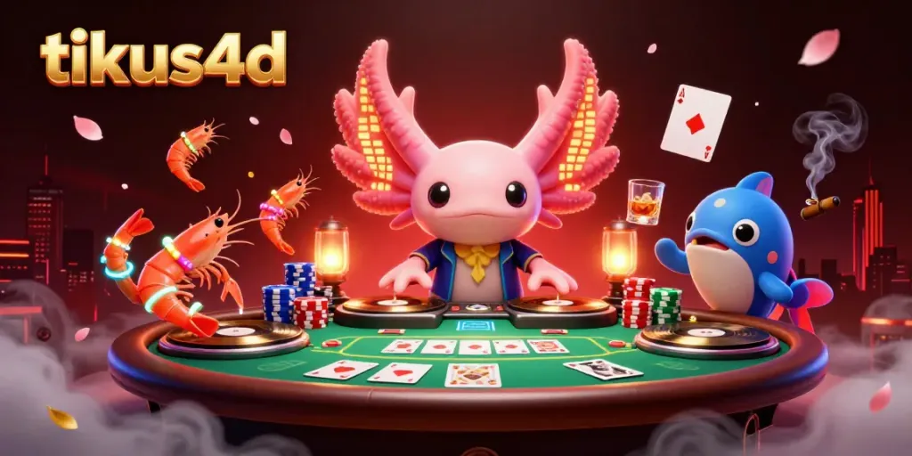 Engage with tikus4d's vibrant 3D casino scene featuring dynamic characters, colorful poker elements, and immersive gaming atmosphere.