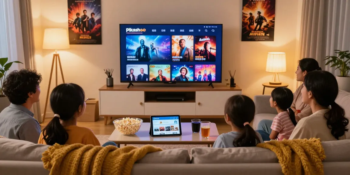 Pikashow app displayed on TV screen during a cozy movie night with family gathered around in a warm living room.