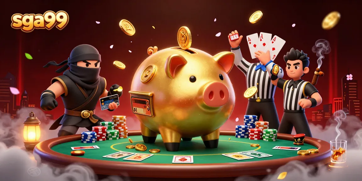 Engage with sga99's vibrant gaming scene featuring a golden piggy bank warrior amidst poker elements.