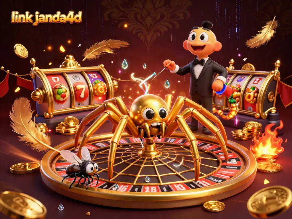 Gambarlah link janda4d, di mana laba-laba emas dan croupier centipede menciptakan suasana kasino yang penuh warna.