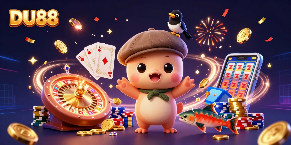 Spin the reels with DU88: a lively scene of a playful baby Nessie, gems, and poker chips
