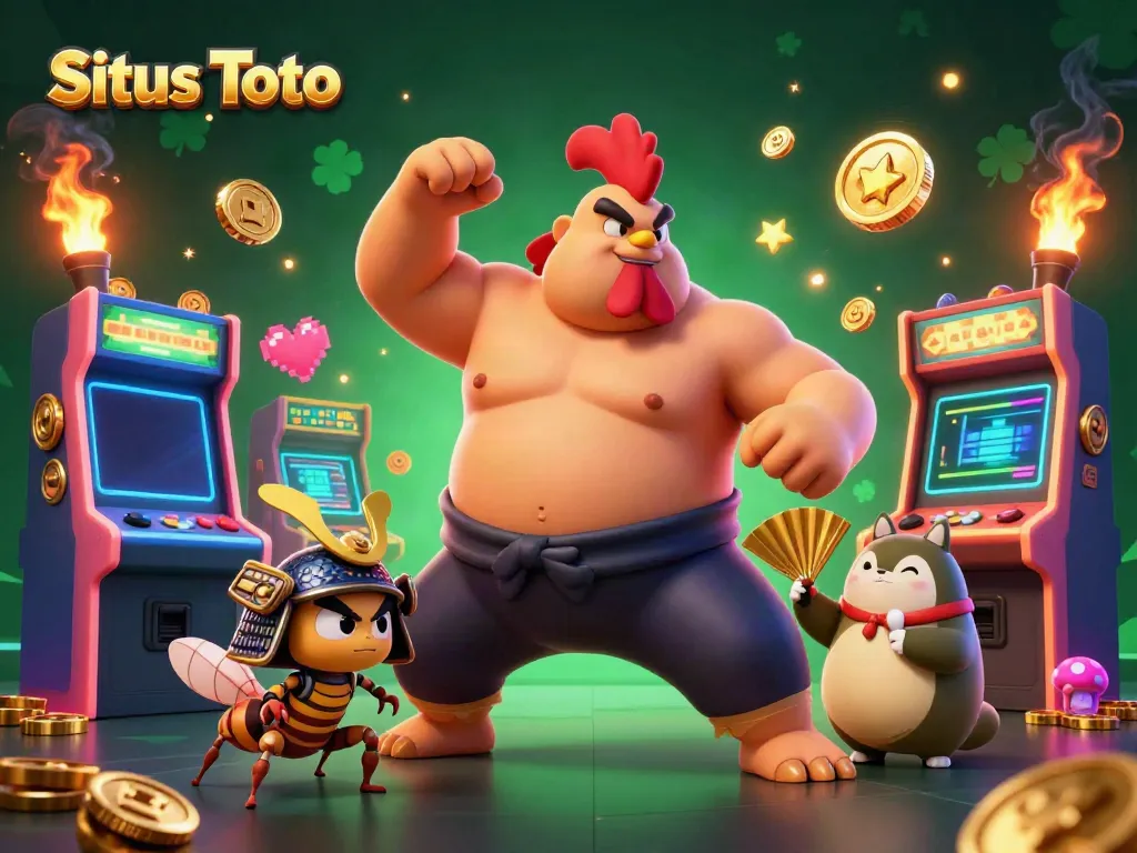 Menggambarkan Situs Toto dengan ayam sumo 3D, jangkrik berperang, dan pengumuman tanuki dalam suasana kasino yang mewah.