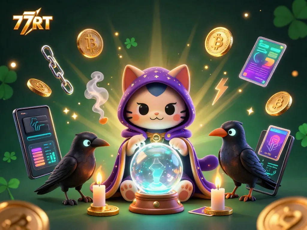 Engage in thrilling gameplay with 77RT's interactive character scene featuring a mystic cat and raven.