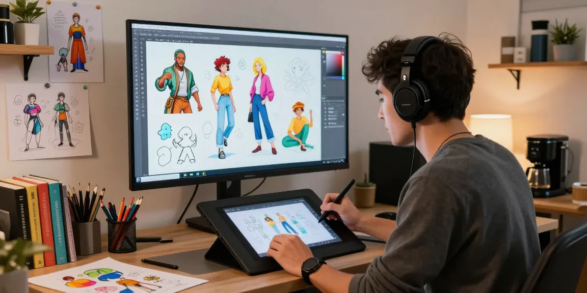 AI NSFW digital artist creating vibrant character designs in modern studio, showcasing creativity and focus.