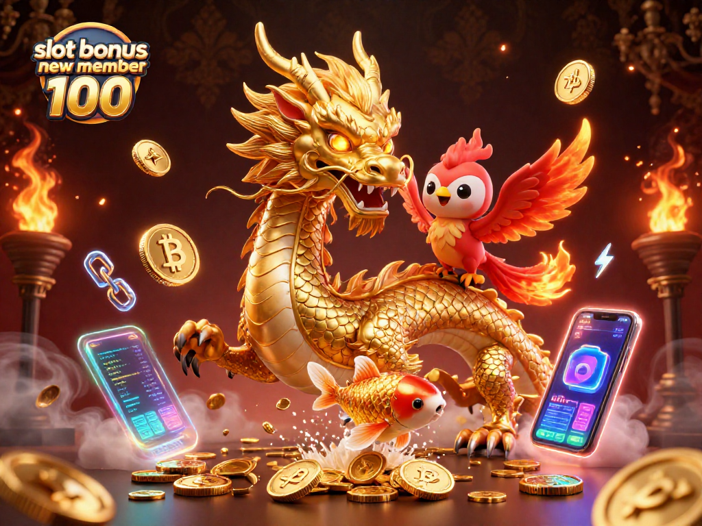 Experience the excitement of slot bonus new member 100 through a vibrant 3D casino illustration.