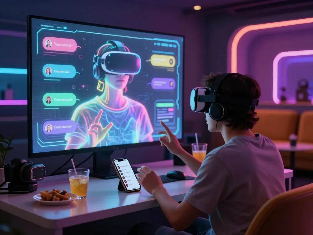 Engaging NSFW chat in a futuristic lounge with holographic AI avatar.