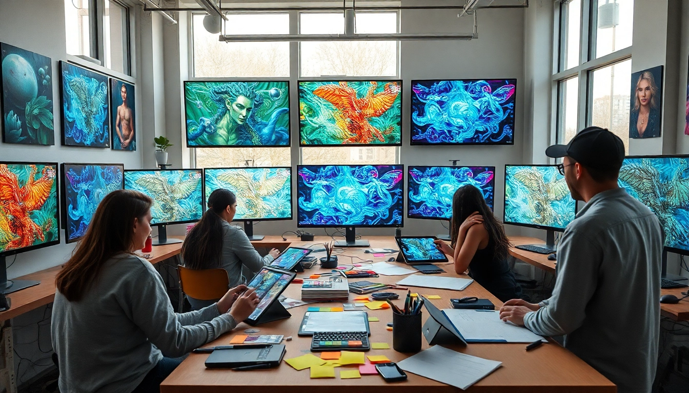 Artists collaborating on AI NSFW image generation in a vibrant digital studio.
