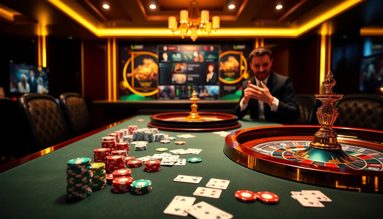 A vibrant casino scene with poker chips and luxury138 branding, showcasing thrilling gambling gameplay.