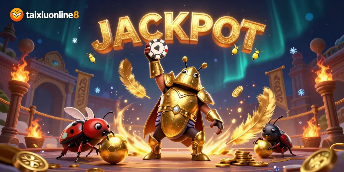 Celebrate success with taixiuonline8 in this vibrant 3D casino illustration featuring a winning beetle.