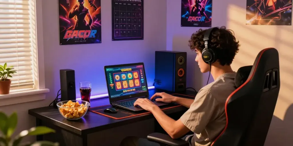 Engaging gaming setup showcasing slot online gacor gameplay with ambient atmosphere and colorful décor.