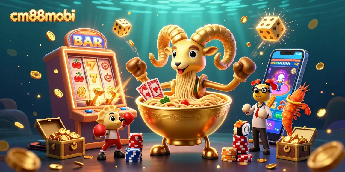 Experience casino excitement with cm88mobi as a giant ramen bowl deals cards amidst a jackpot explosion.