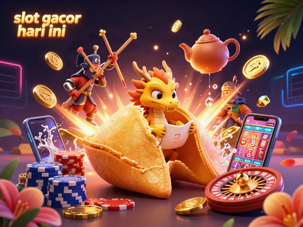 Experience jackpot thrills with slot gacor hari ini as golden coins and gems soar around a golden fortune cookie scene.