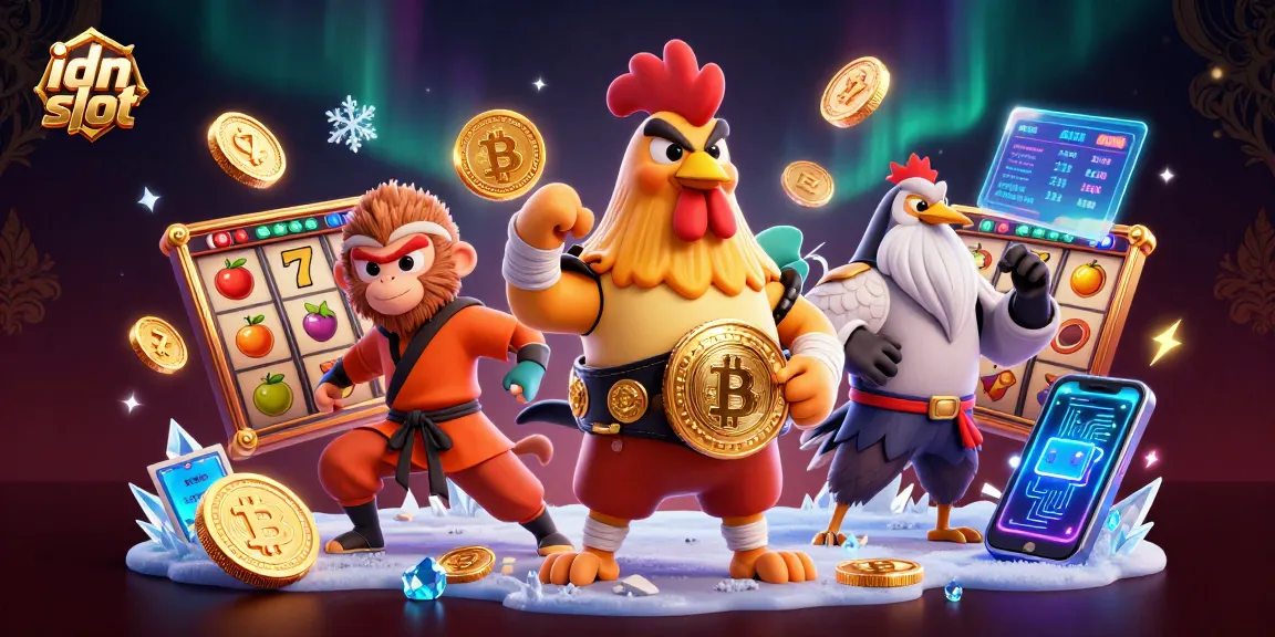 Experience thrilling action with idn slot as cartoon characters battle among vibrant slot elements and crypto coins.