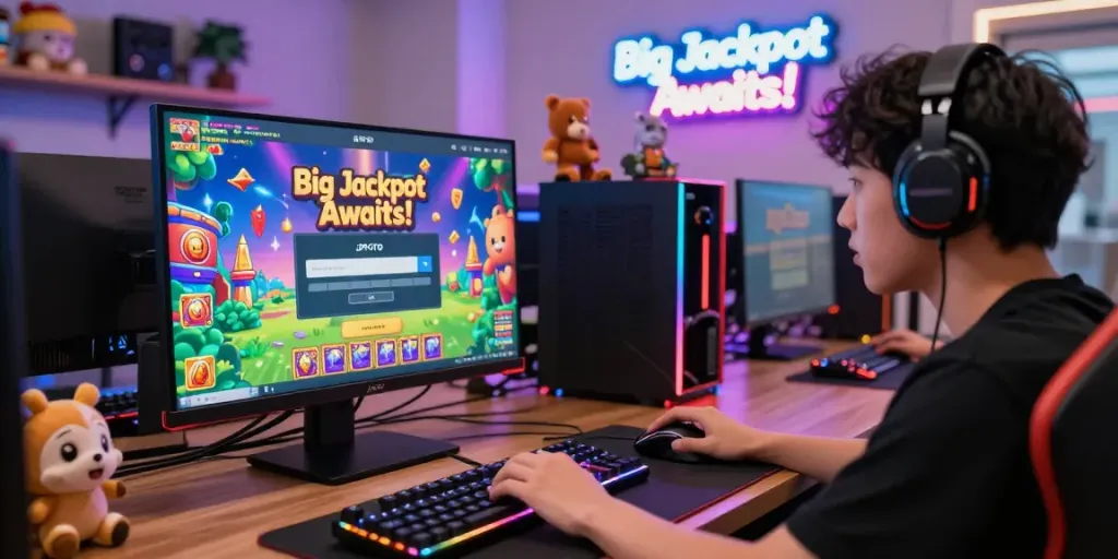 Pengguna login jptoto di lingkungan permainan online, dengan grafik mesin jackpot di layar.