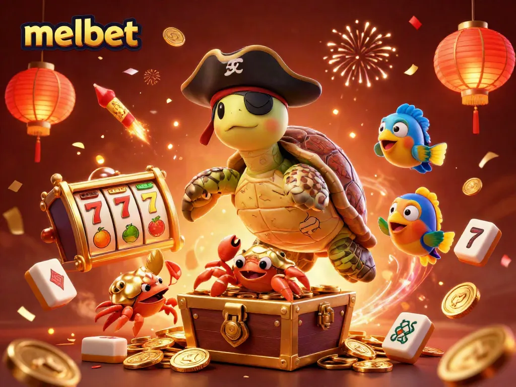 Engage with melbet's vibrant casino scene featuring a pirate turtle and festive elements celebrating wins.